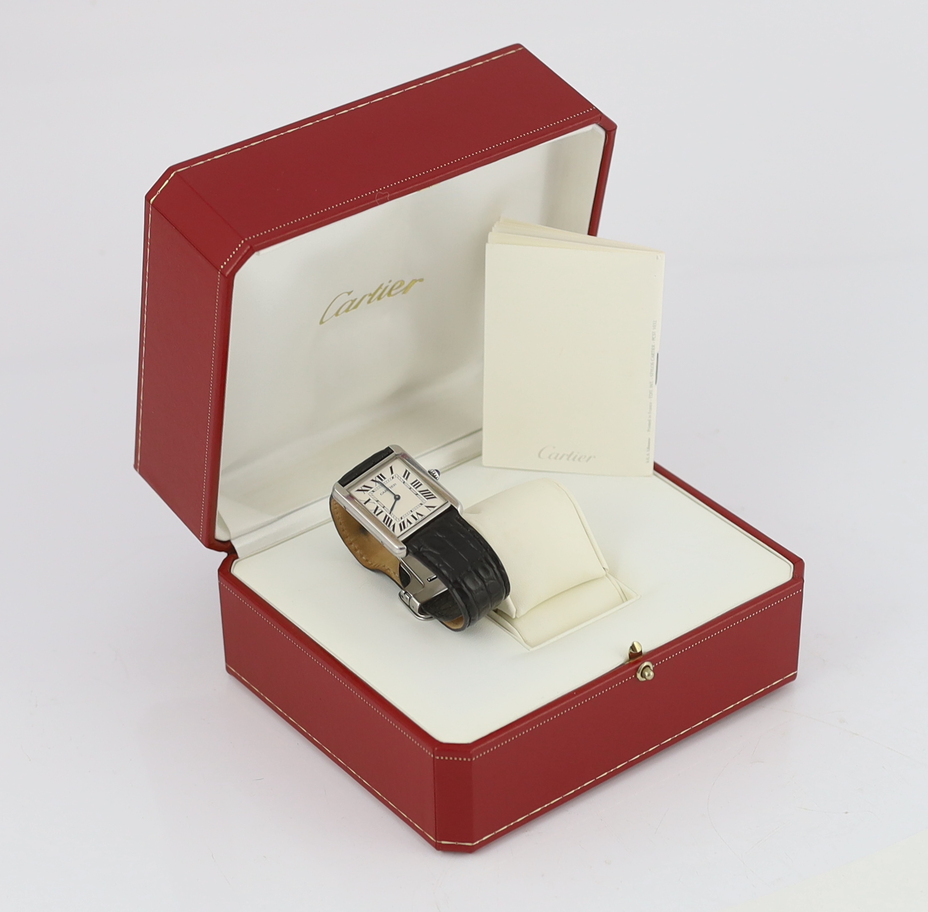 A gentleman's stainless steel Cartier rectangular quartz wrist watch